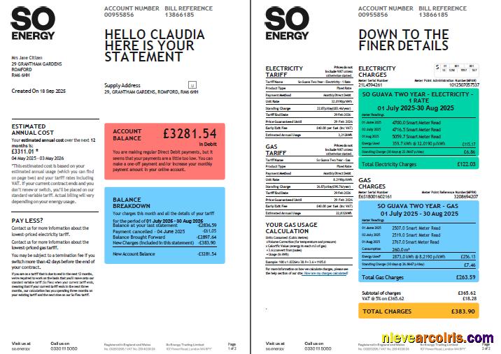 United Kingdom So Energy utility bill, 2 pages, version 2